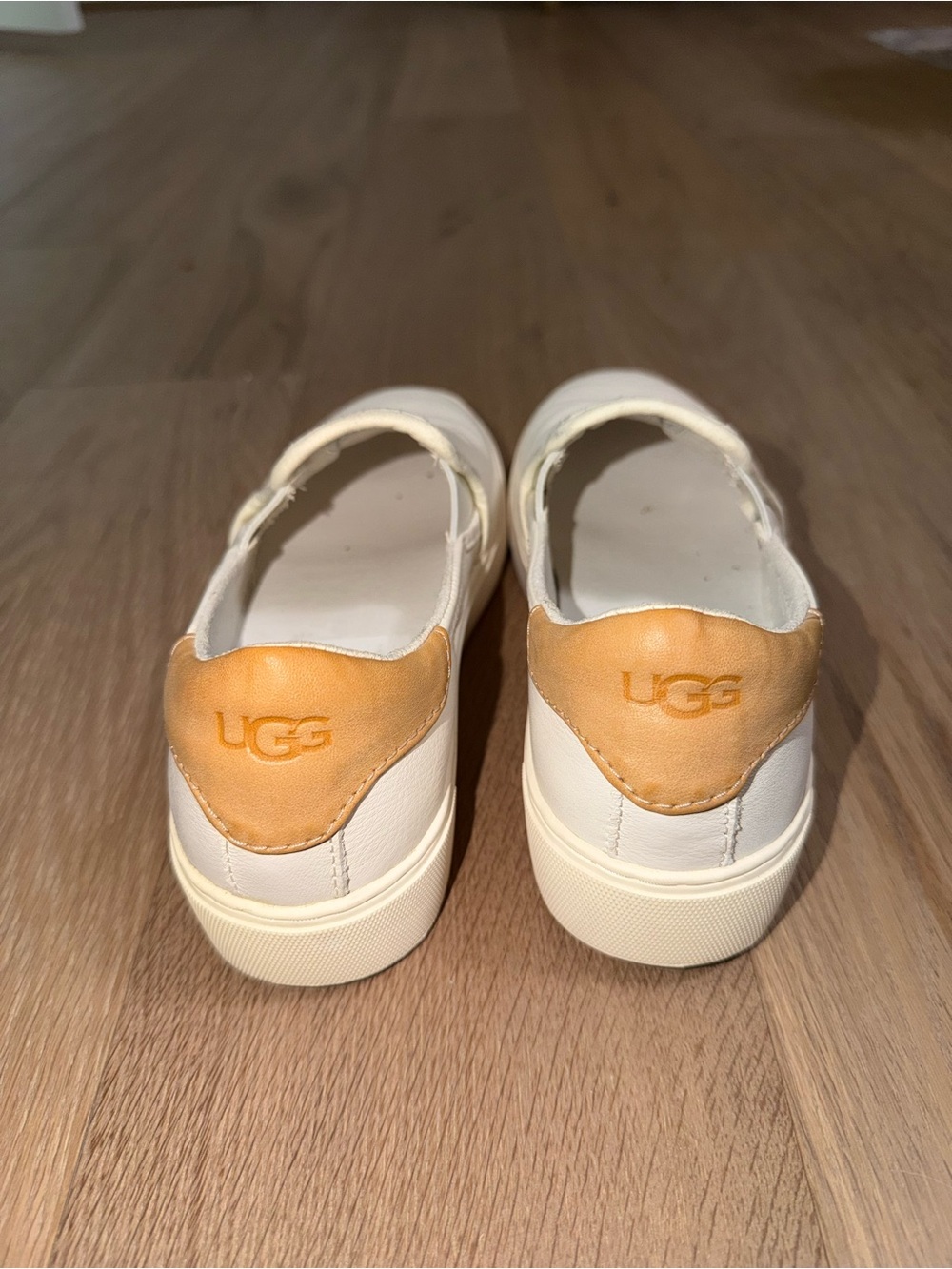 UGG White Sneakers with Tan Heel Patch